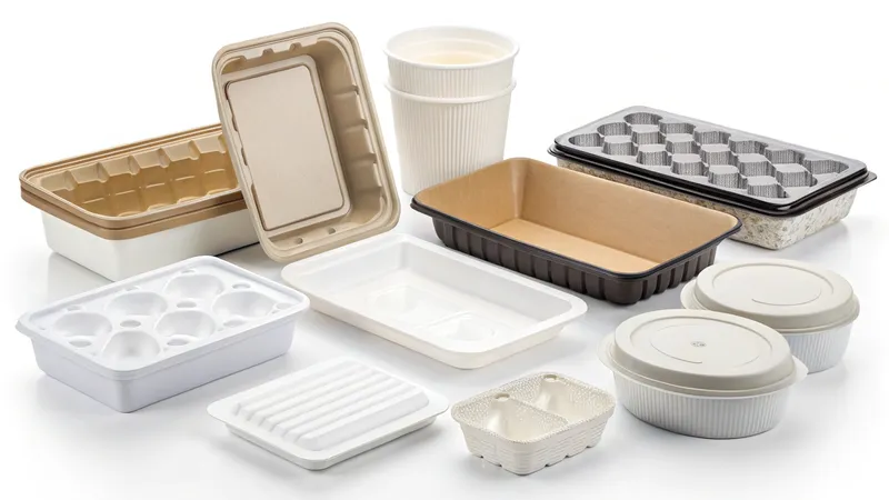 A variety of disposable food containers and cups in different shapes and sizes