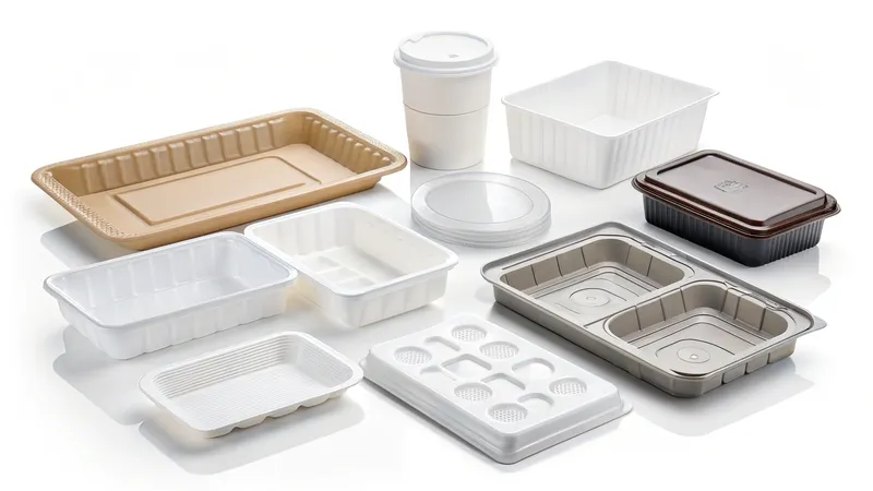 Various disposable food containers and lids including trays, boxes, and a cup