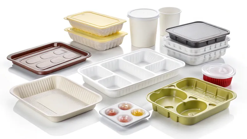 Assorted food containers including trays, boxes, and cups on a white background