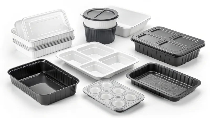 A variety of black and white plastic and aluminum food containers, including trays, bowls, and multi-compartment containers