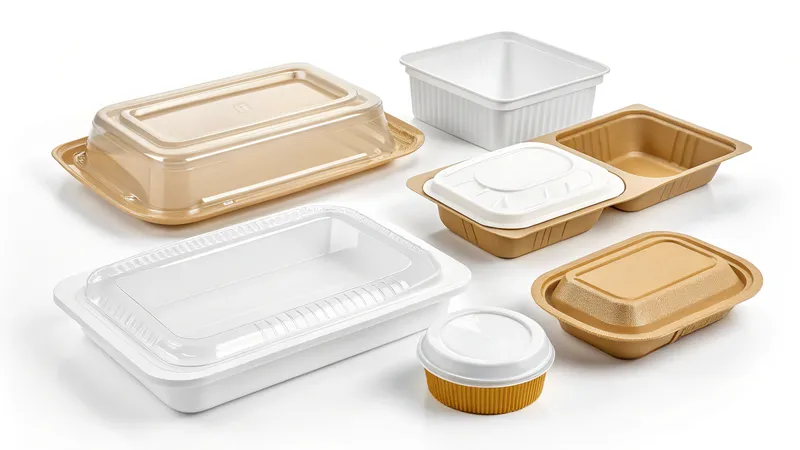 Assorted eco-friendly food packaging containers including trays, bowls, and lids in white and brown colors
