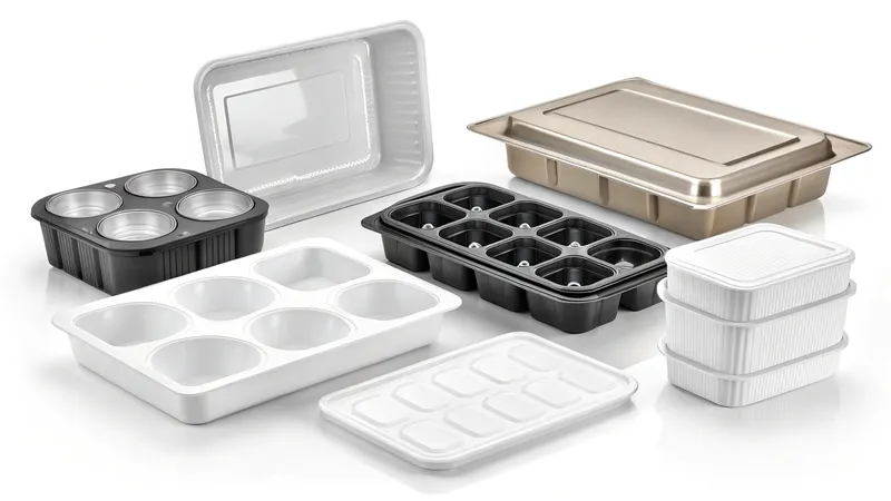 Various food packaging containers made of plastic and aluminum, including divided trays and stackable boxes