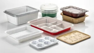 Various food packaging trays and containers on a white background.