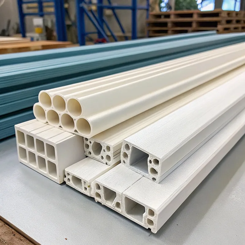 Various hollow UPVC profiles in different shapes stacked on a surface, with a workshop background.