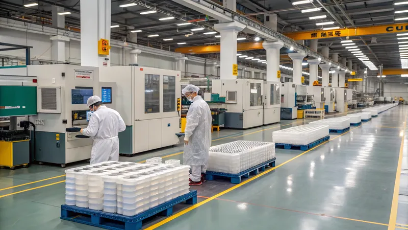 Workers in protective clothing inside a large industrial facility with machinery and stacks of product trays