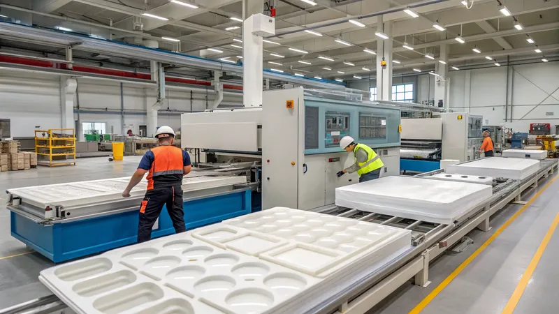 Workers at a manufacturing facility operating machinery with white molded plastic pieces on a conveyor belt