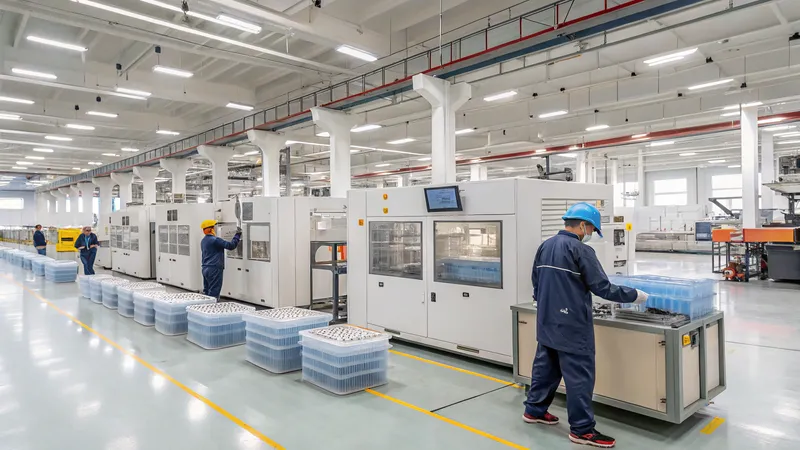 Workers operating machines in a large manufacturing facility