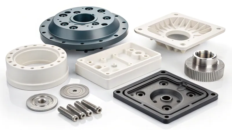 A variety of mechanical components including gears, screws, and metal plates arranged on a surface
