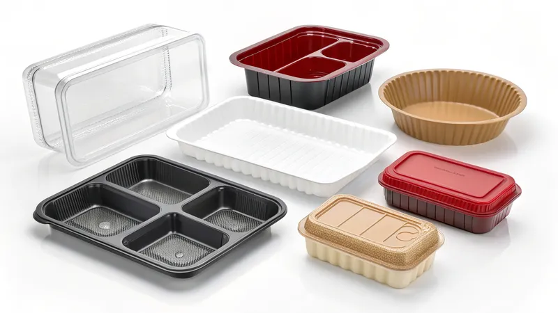 A variety of plastic and cardboard food containers including divided trays, covered containers, and a round tray