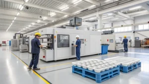 Workers operating machinery in a spacious and modern plastic manufacturing facility.