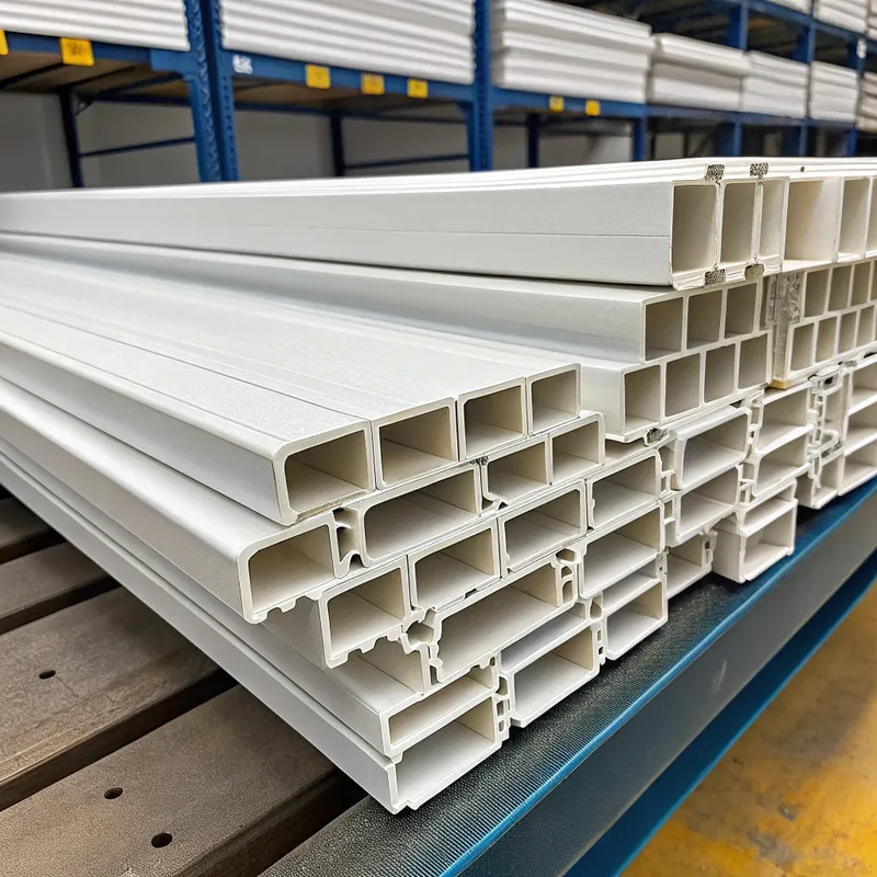Stack of white PVC profiles on a blue shelf in a warehouse setting.