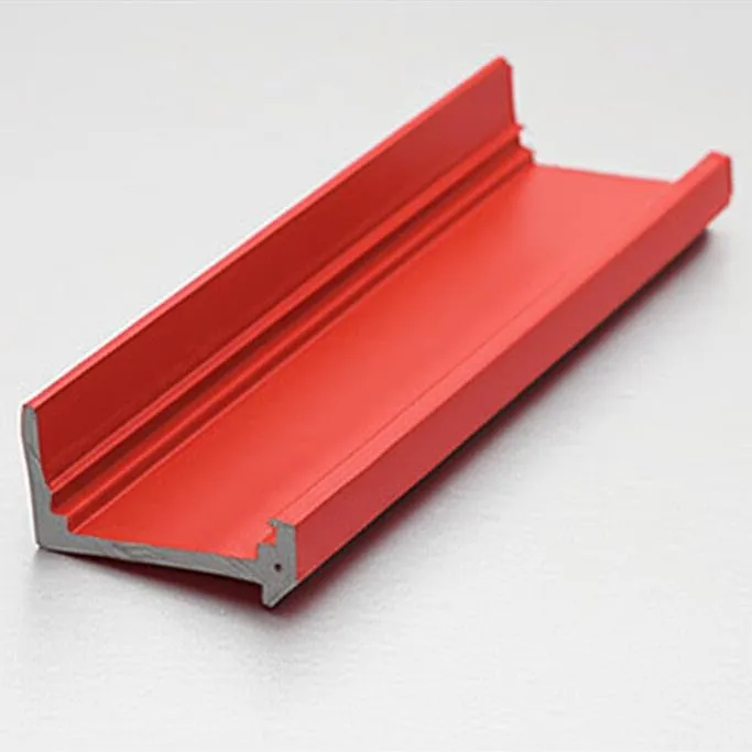 Red aluminum door bottom seal with a rubber edge on a gray background.