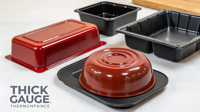 A variety of red and black thick gauge thermoformed trays displayed on a counter