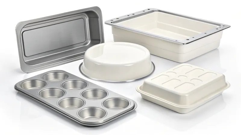 A collection of different baking trays including a muffin tin, enamel dishes, and a rectangular baking mold