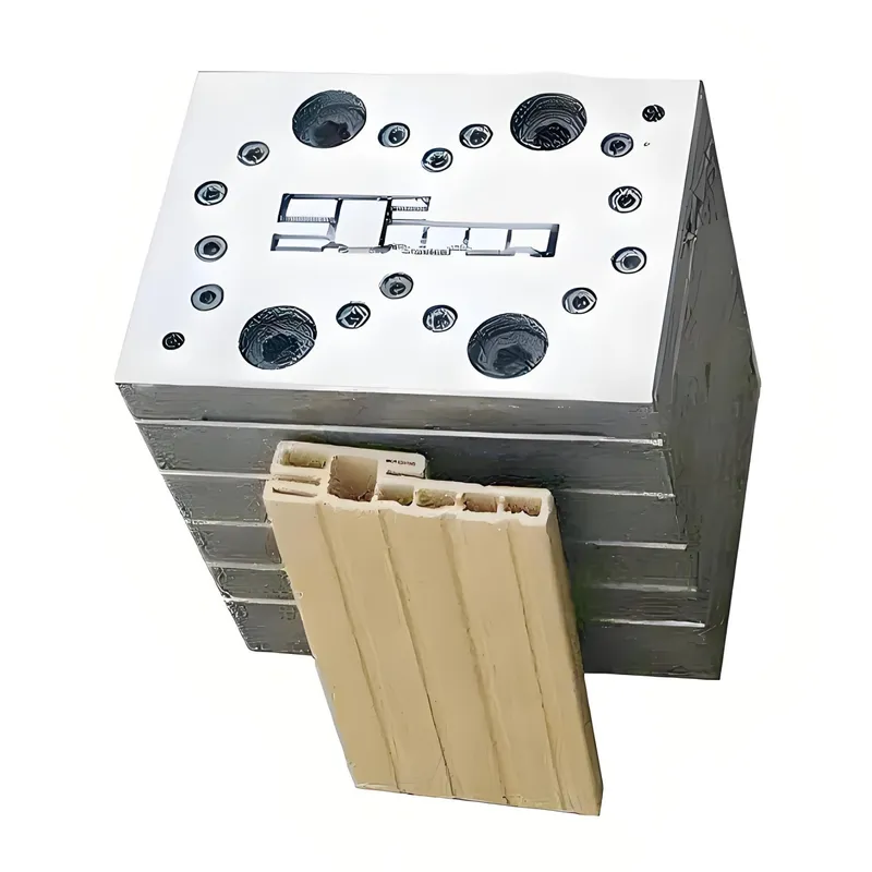 A metal extrusion die used to shape WPC (Wood Plastic Composite) profiles, with a sample profile displayed.