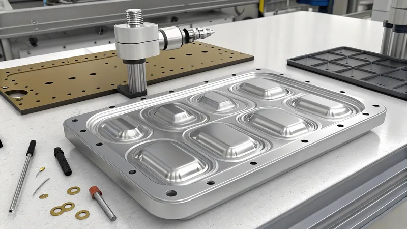 A metal mold and vacuum forming tool on a workshop table with various small components