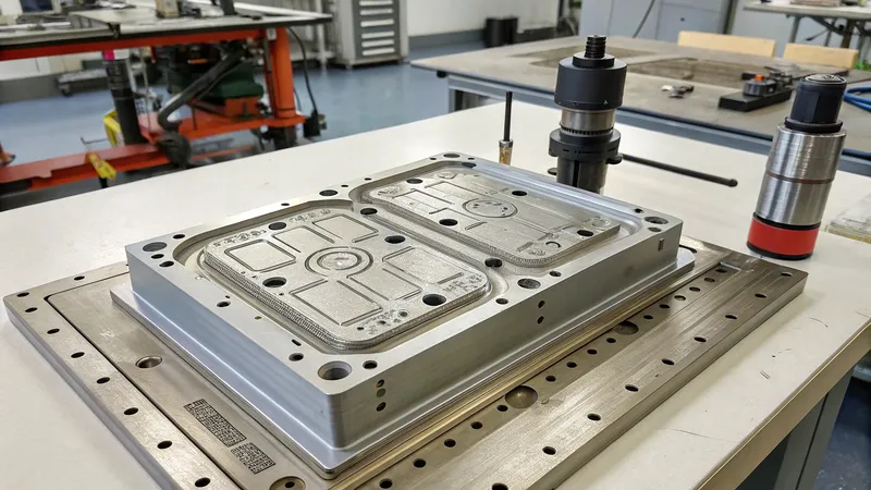 A metal machining setup on a workbench, featuring various tools and a metal block with intricate patterns