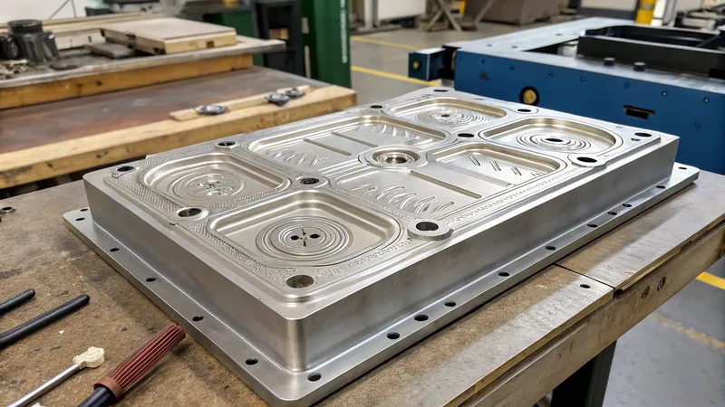 A detailed view of an aluminum injection mold placed on a workbench in a manufacturing facility
