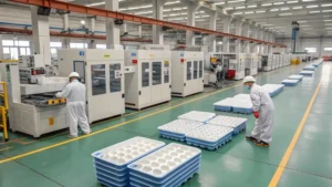 Workers in protective suits in a battery manufacturing facility with machinery and trays.