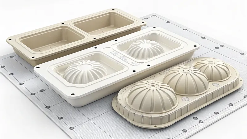 Biodegradable packaging containers showcasing different lid designs placed on a grid surface
