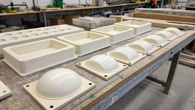 A row of ceramic molds, including rectangular and dome-shaped ones, placed on a workshop table