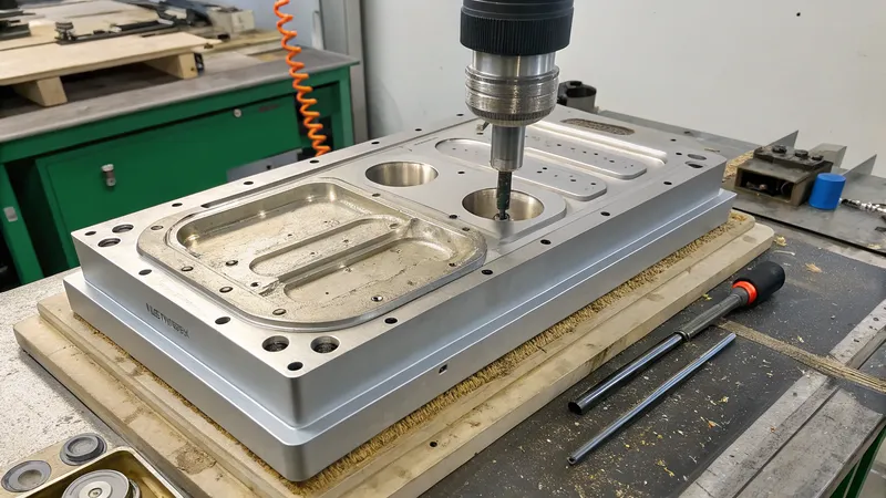 A CNC machine drilling holes into a metal block in a workshop