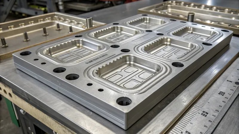 A close-up view of a set of metal embossing dies on a workbench