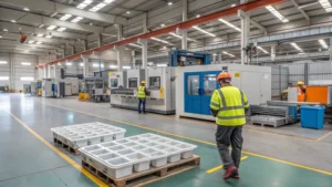 Workers in safety gear on a factory floor with machinery and pallets.