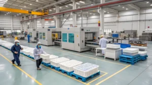 Workers in a clean, modern factory with machinery and plastic trays.