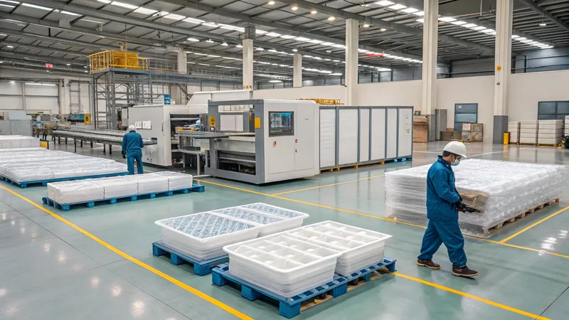 Workers in protective clothing operate machinery in a spacious, well-lit factory interior