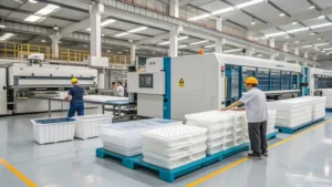 Workers operating machinery in a modern factory production line.