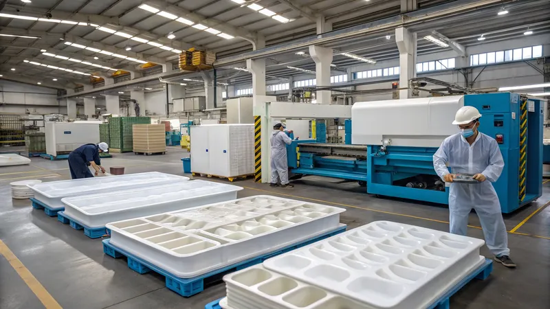 Workers in protective gear at a factory production line with white plastic molds