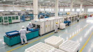Workers in a factory production line operating machinery and handling materials.