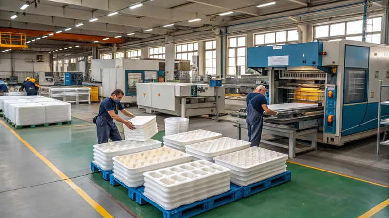 Workers in a factory setting handling large trays on a production line with machinery in the background
