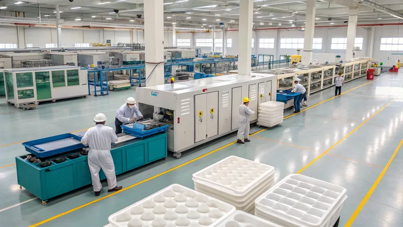 Workers in a factory production line operating machinery and handling materials