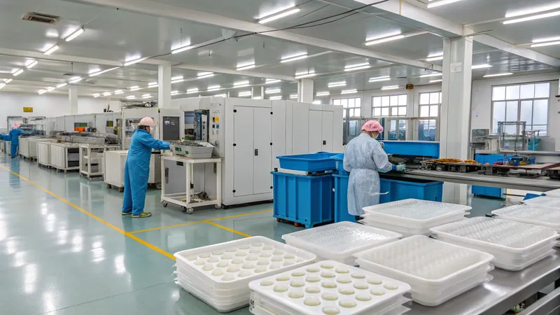 Workers in protective clothing inside a modern factory setting with equipment and materials