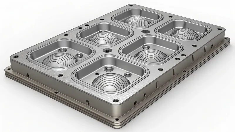 A metal injection mold with six rectangular compartments featuring circular grooves