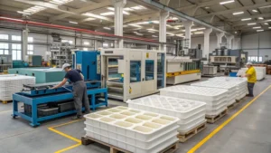 Workers operating machinery in an injection molding factory with multiple machines and molds.