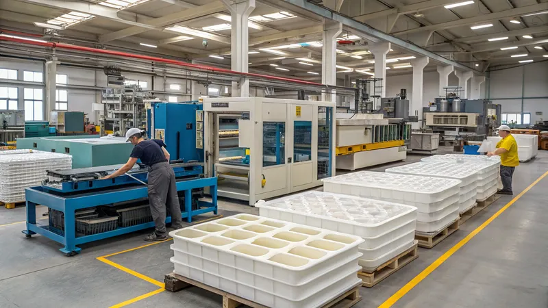 Workers operating machinery in an injection molding factory with multiple machines and molds