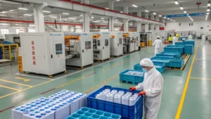 Workers in protective clothing sorting products in a modern manufacturing facility with machinery and blue crates.