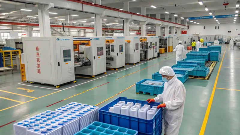 Workers in protective clothing sorting products in a modern manufacturing facility with machinery and blue crates