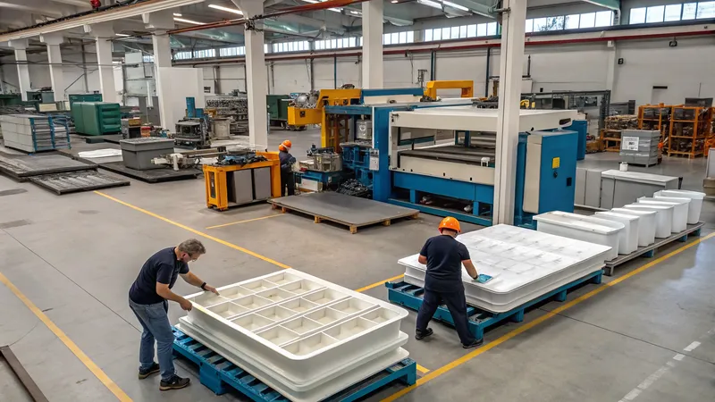 Workers operating machinery in a factory with large equipment and industrial products
