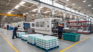 Workers operating machinery in a large modern manufacturing facility with stacked plastic trays and equipment.
