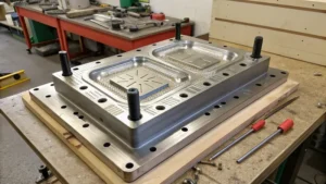 A metal mold placed on a workbench in a workshop setting, with tools and equipment visible in the background.