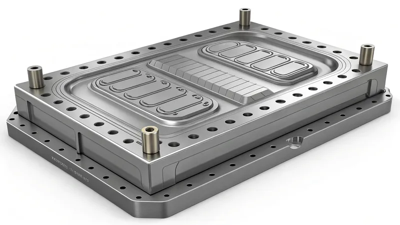 A metal mold with detailed engravings and precise holes, used for manufacturing processes