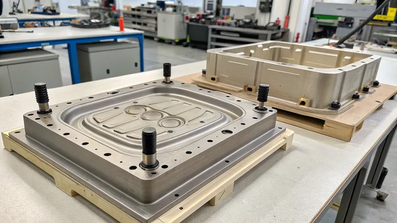 Two metal molds placed on a workbench in an industrial workshop setting