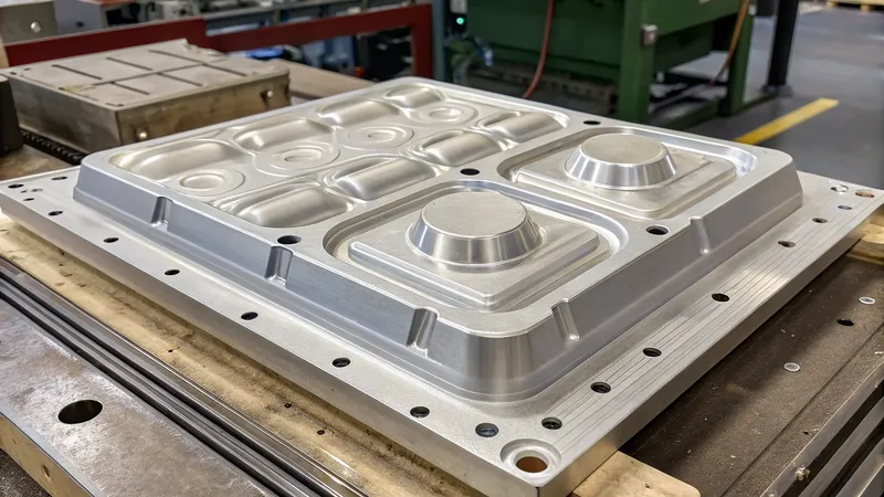 A metal stamping mold with various circular and rectangular shapes