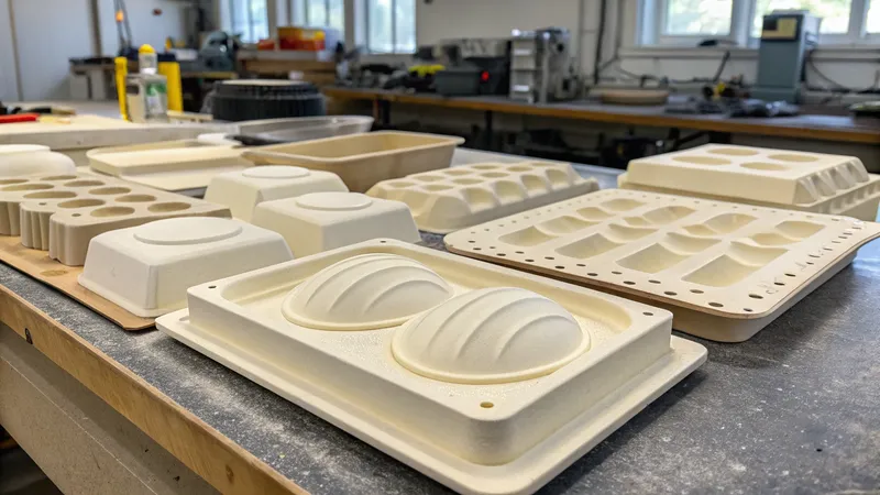 Various mold prototypes on a workshop table