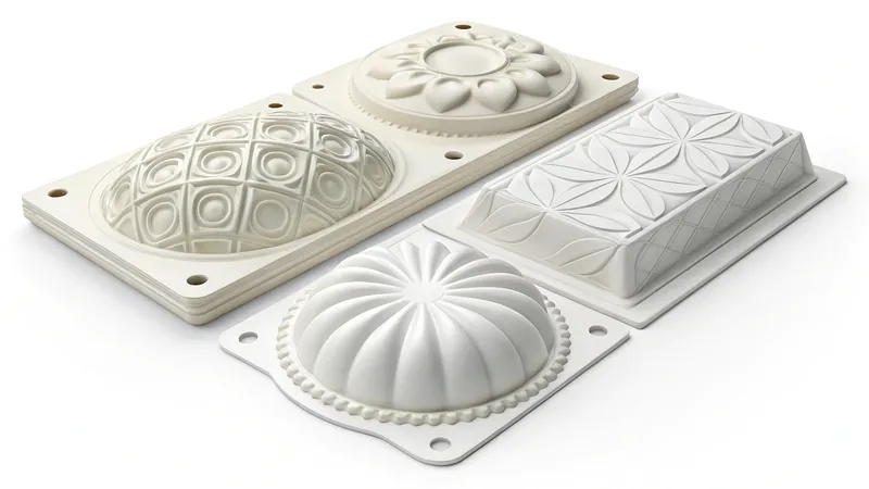Four intricate white pastry molds with different designs displayed