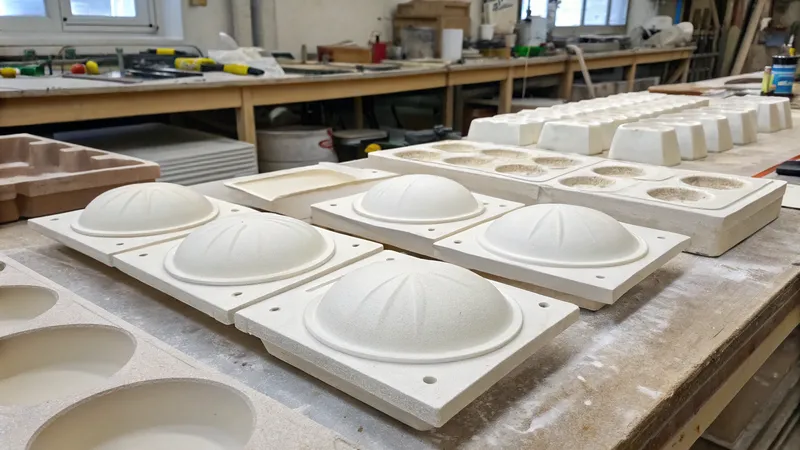 A workshop table with various plaster molds arranged neatly. The molds appear to be in different shapes and sizes, ready for use in a crafting process. Tools and materials are visible in the background